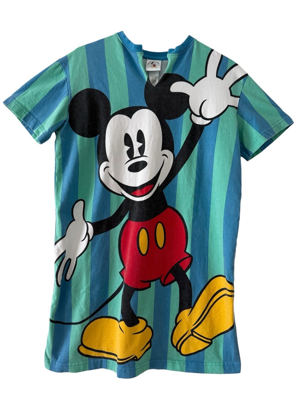 100% Cotton Vintage 90s Disney Mickey Mouse Striped Long Tall Tee Blue Teal Red